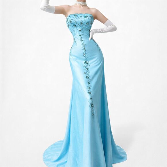 Vintage Y2K Pastel Blue Strapless Floral Beaded Satin Maxi Prom Dress Size S - Picture 2 of 14